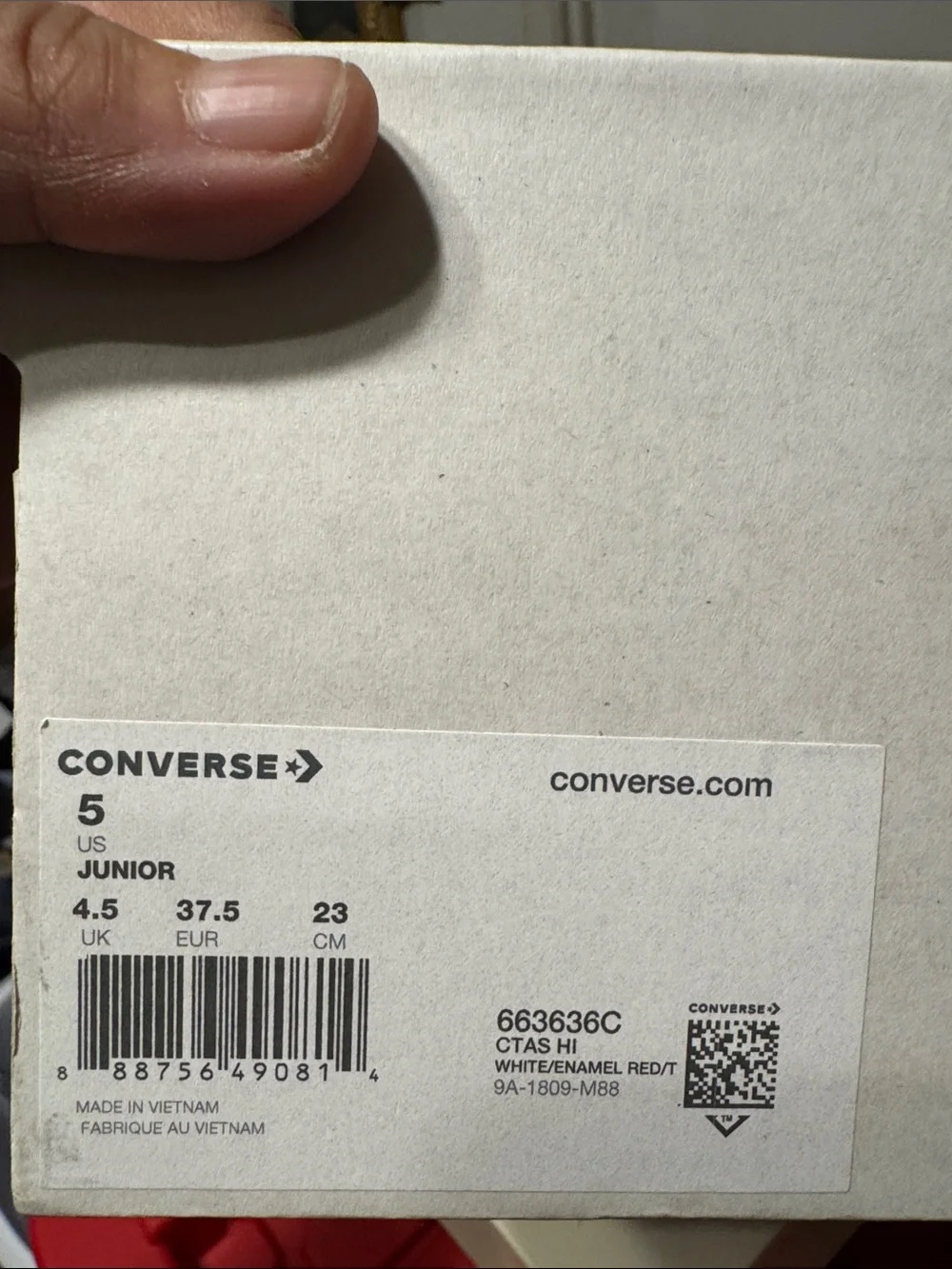 Converse White and Red High Top Sneakers Box Label